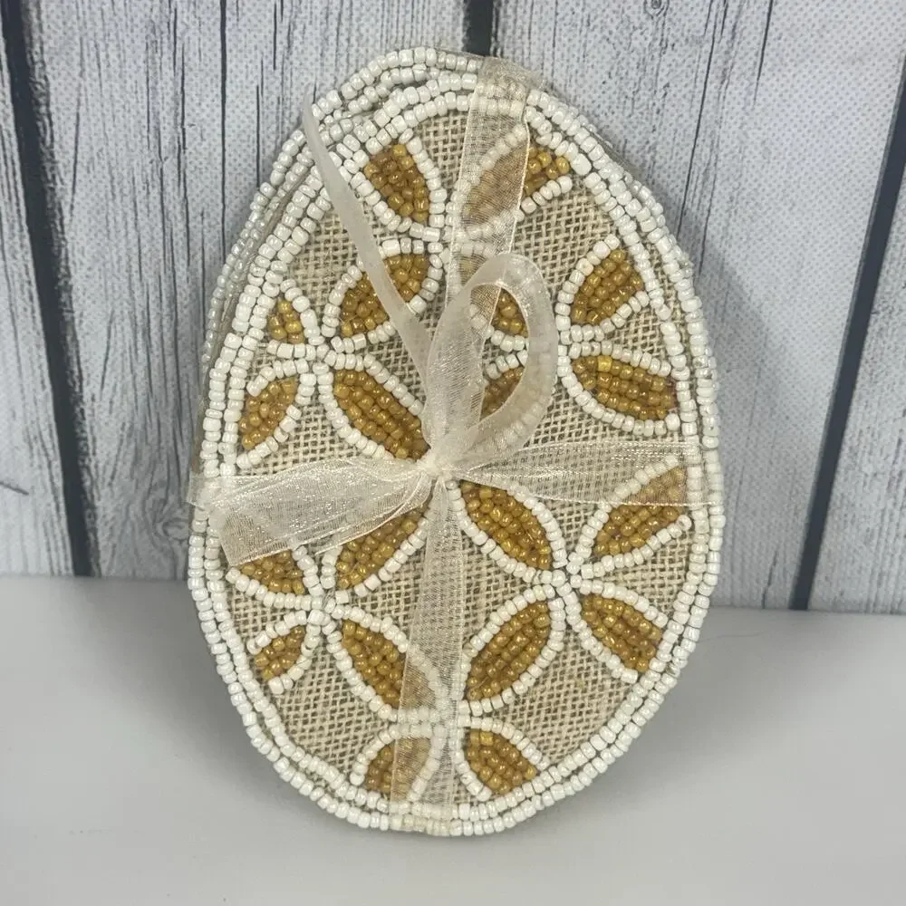 Pier 1 Imports Easter Beaded Egg Yellow White Daisy Coaster Set of 4 NWT